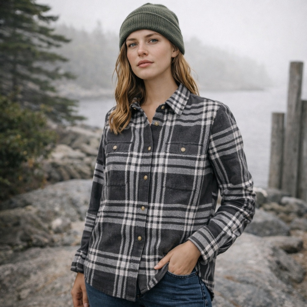 Faherty Legend Sweater Shirt Charcoal Bone Plaid Flannel Wkh2216-Clb Womens L
